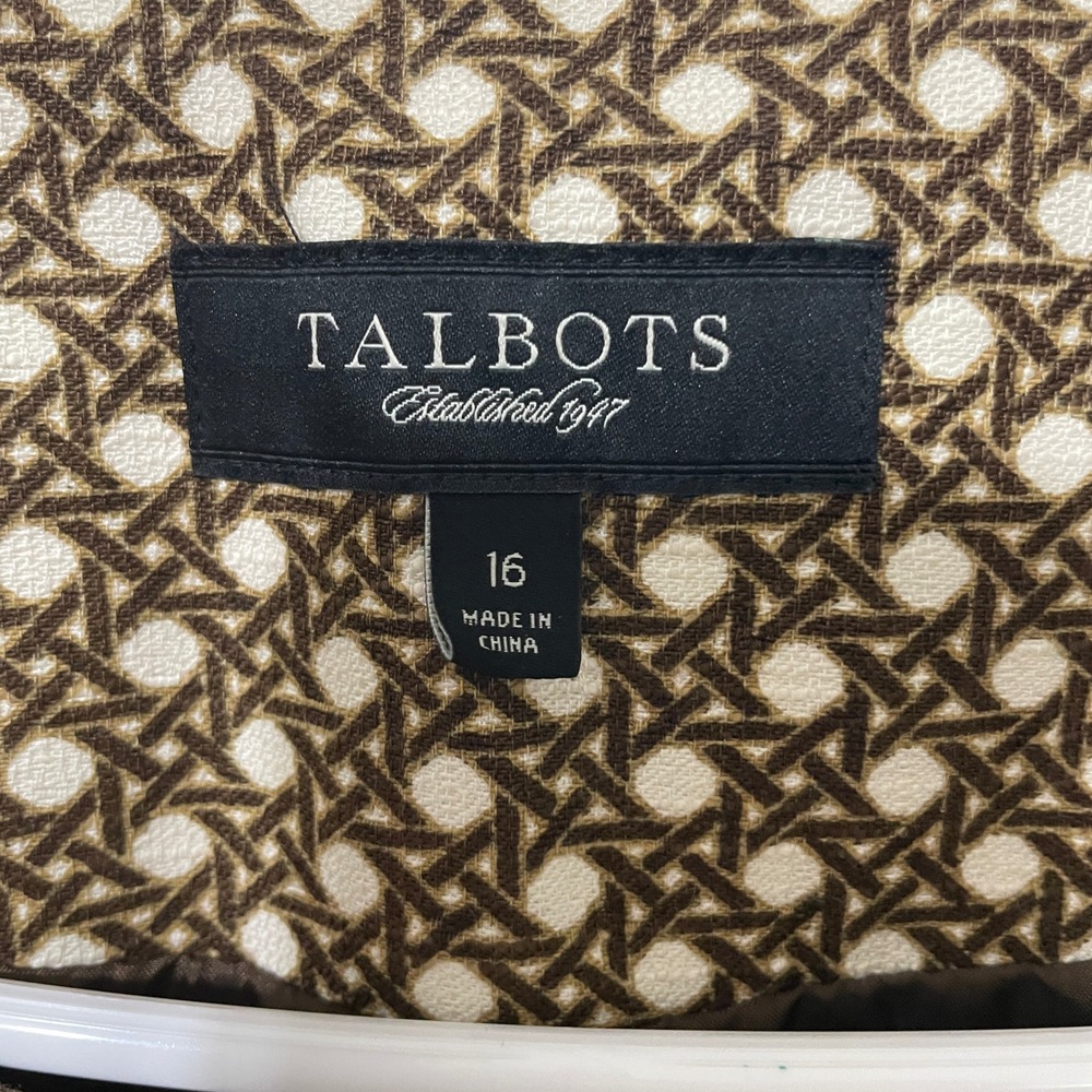 Talbots Women's Size‎ 16 Brown White Cane Webbing Print 3/4 Sleeve Blazer Jacket - Picture 2 of 4
